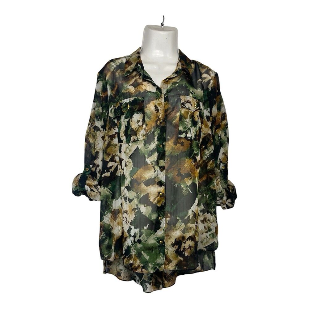 Cato Sheer Top Green Abstract Button Up Shirt Size 14/16 Roll Tab Utility Blouse